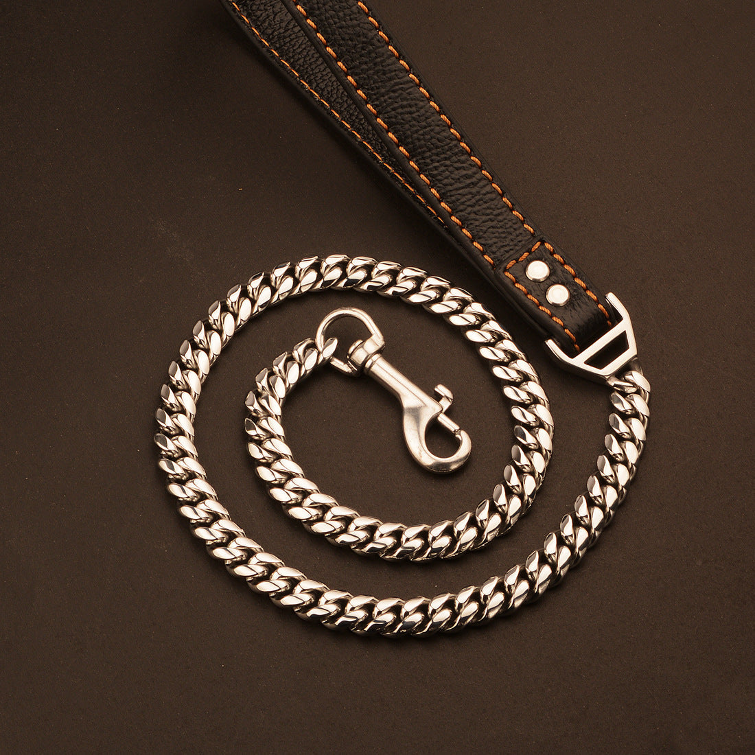 KFX-6531389 Stainless Steel Dog Leash with Leather Collar for Large and Small Breeds 14mm Width