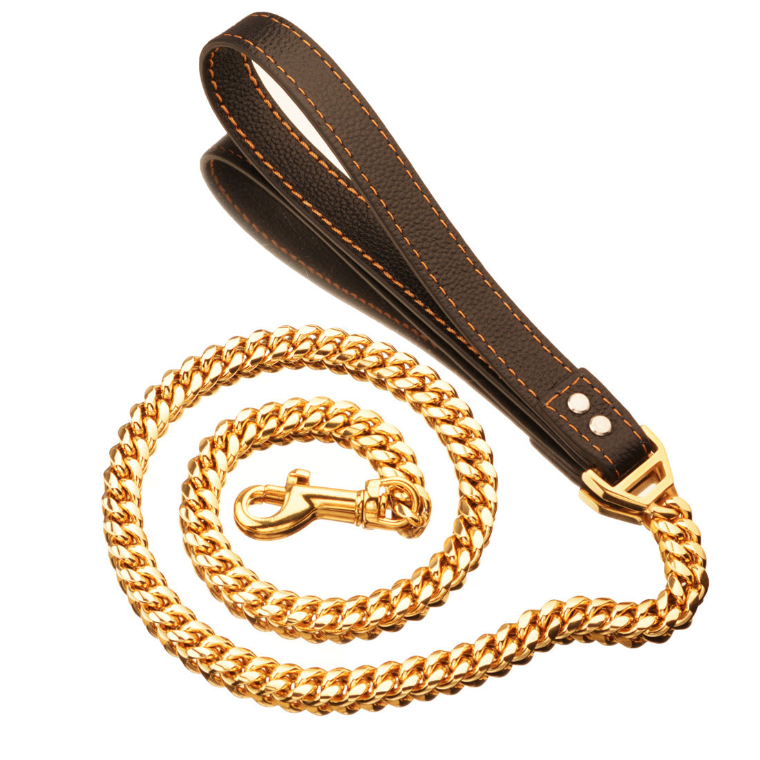 KFX-6531389 Stainless Steel Dog Leash with Leather Collar for Large and Small Breeds 14mm Width