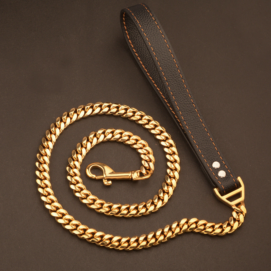 KFX-6531389 Stainless Steel Dog Leash with Leather Collar for Large and Small Breeds 14mm Width