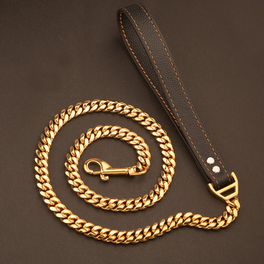 KFX-6531389 Stainless Steel Dog Leash with Leather Collar for Large and Small Breeds 14mm Width