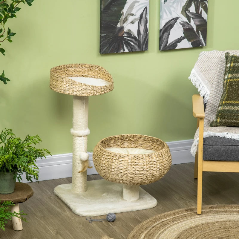 KFX-6533053 Elevated Cat Bed with Scratching Post and Cute Basket Design for Indoor Cats