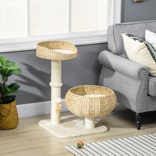 KFX-6533053 Elevated Cat Bed with Scratching Post and Cute Basket Design for Indoor Cats