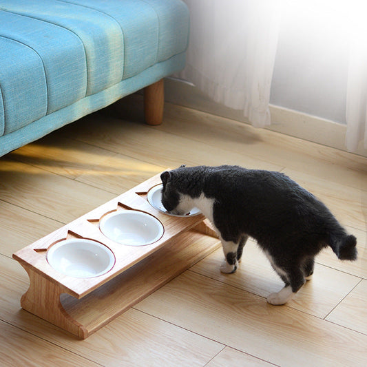KFX-6537533 Solid Wood Anti-Choking Cat Dining Table with Sloped Bone China Bowl