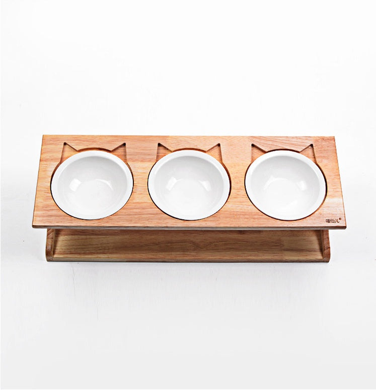 KFX-6537533 Solid Wood Anti-Choking Cat Dining Table with Sloped Bone China Bowl