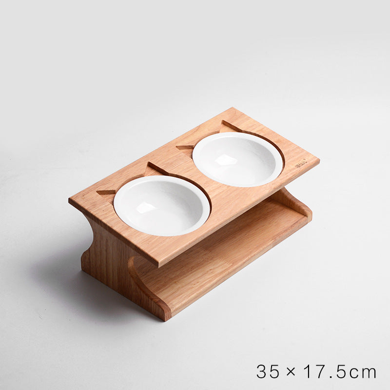 KFX-6537533 Solid Wood Anti-Choking Cat Dining Table with Sloped Bone China Bowl