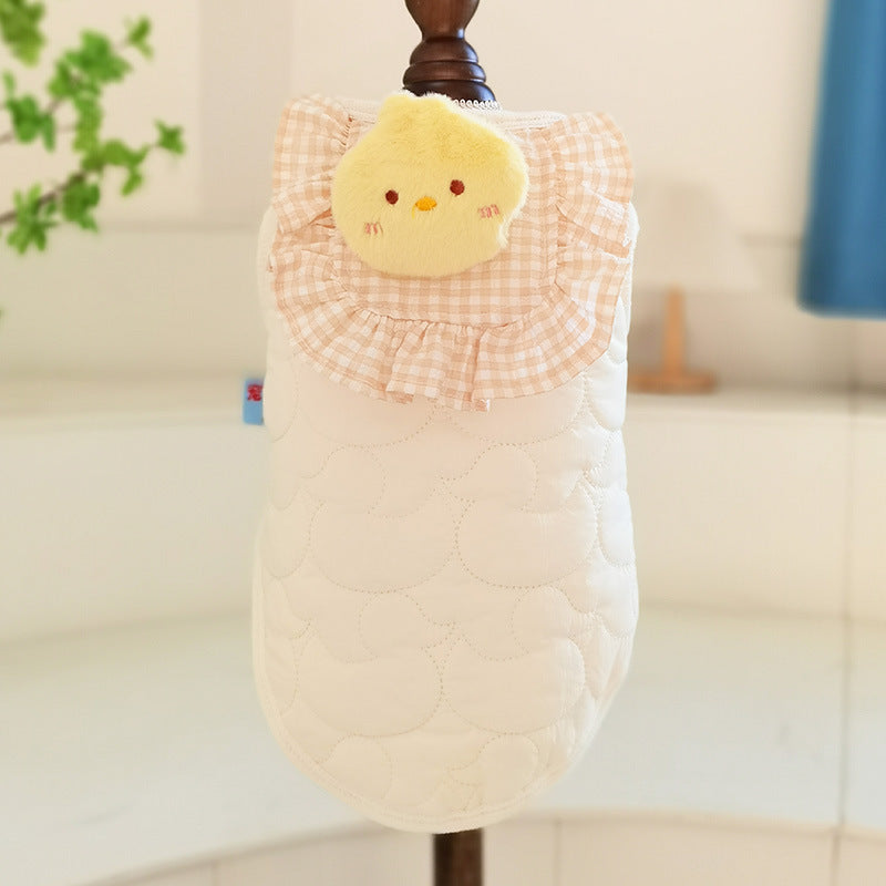 KFX-6537917 Cat Small Square Towel Vest in Quilted Cotton with Cotton Velvet Lining - Available in Yellow, Pink, Beige, Sizes XS-XL