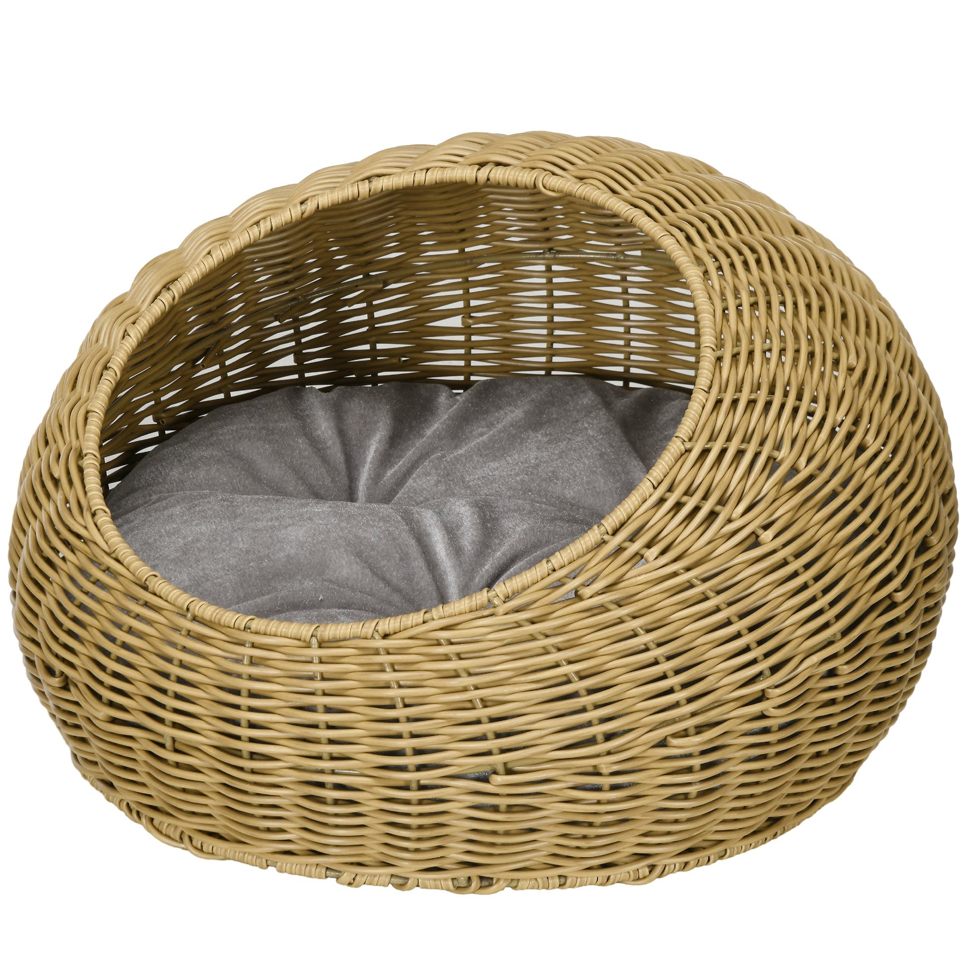 KFX-6541757 Light Brown Rattan Cat Bed with Washable Cushion for Cats and Puppies Under 9 lbs.