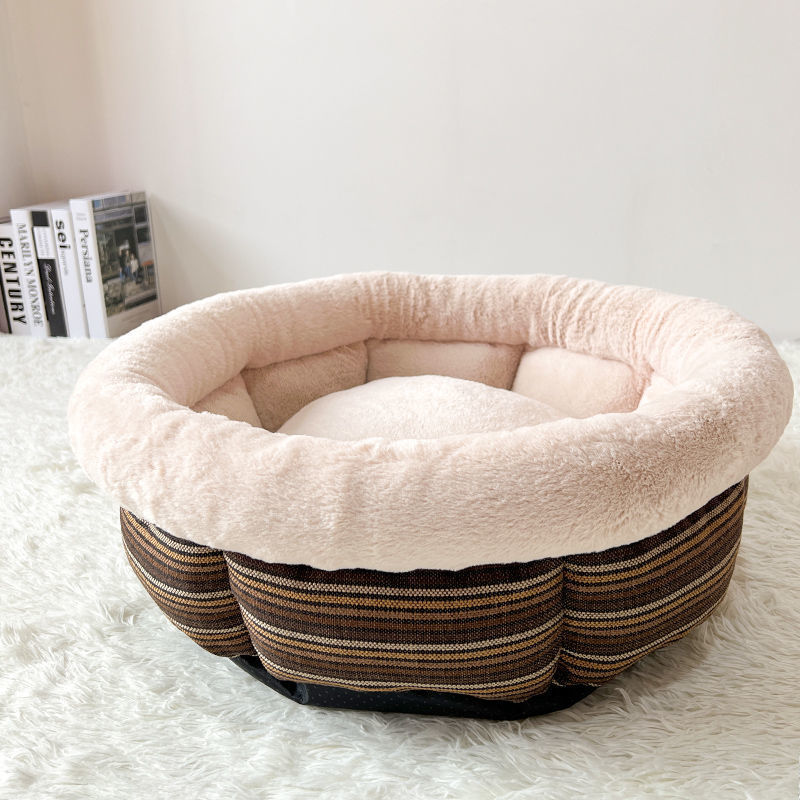 KFX-6543165 Indoor Semi-closed Cat Bed - Striped Linen Cylinder for Comfort & Improved Sleeping