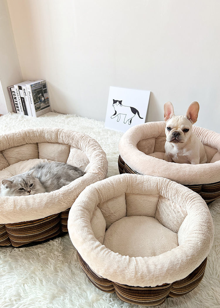 KFX-6543165 Indoor Semi-closed Cat Bed - Striped Linen Cylinder for Comfort & Improved Sleeping