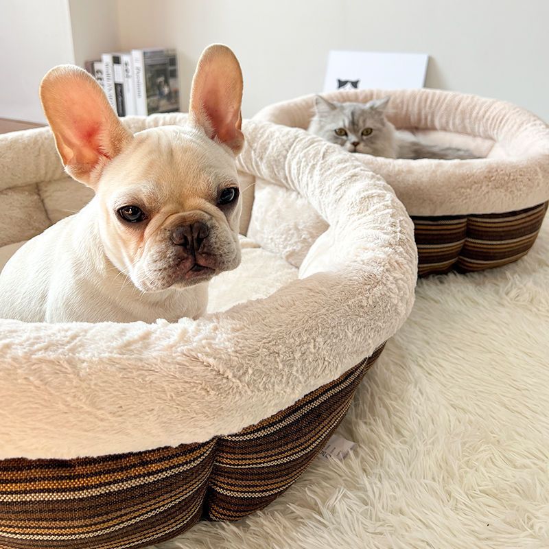 KFX-6543165 Indoor Semi-closed Cat Bed - Striped Linen Cylinder for Comfort & Improved Sleeping