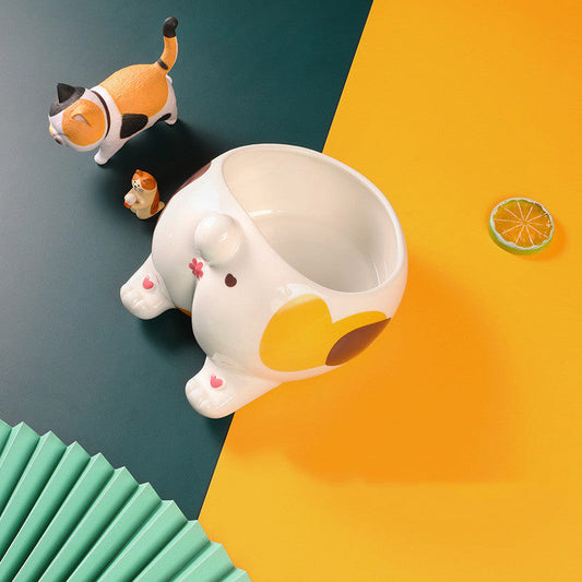 KFX-6543293 Inclined Ceramic Pet Bowl with Cute Cartoon Design - Large Capacity Feeder for Dogs and Cats