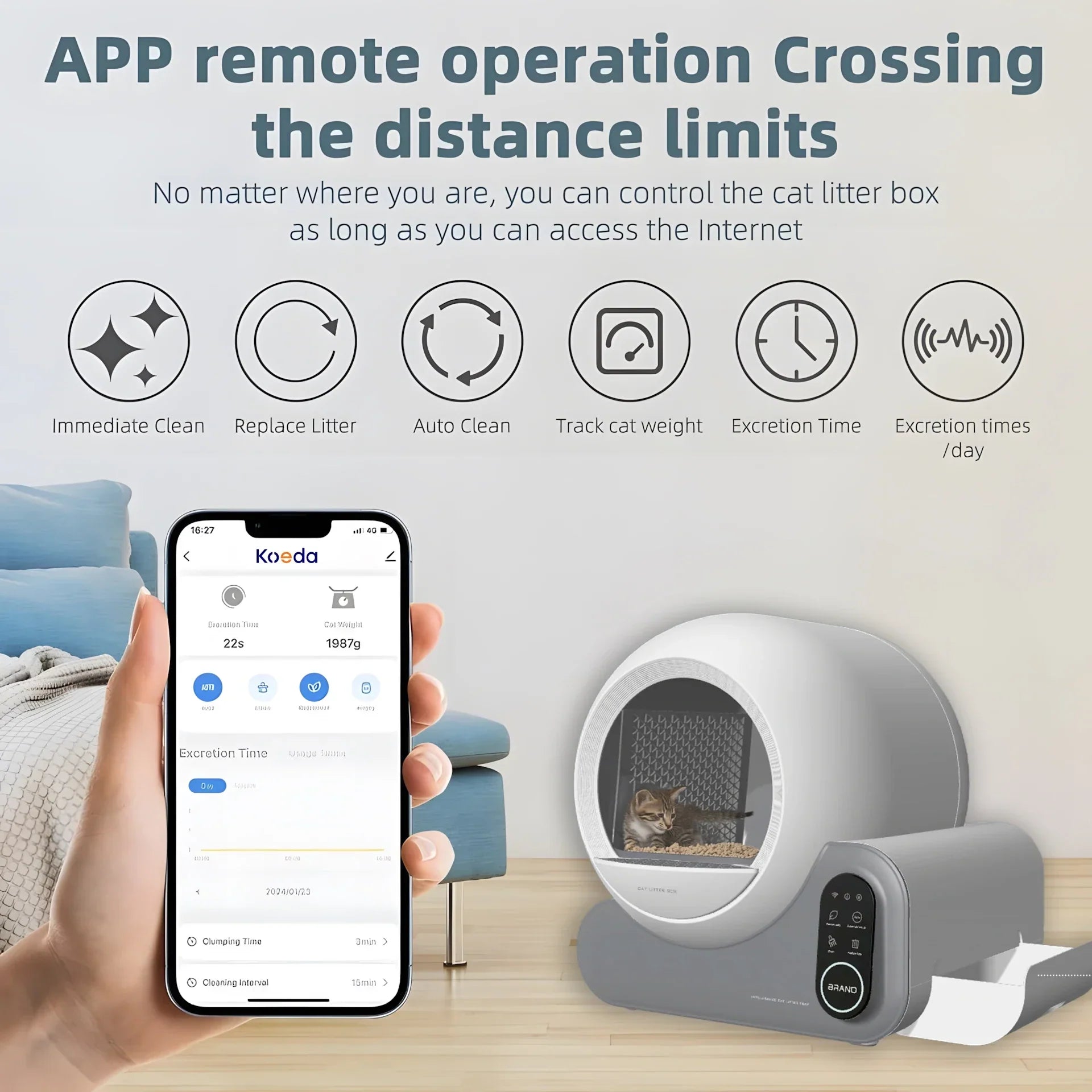 KFX-655443 Automatic Self-Cleaning Cat Litter Box with Odor Control and APP Connectivity, 66L Capacity, Compatible for 1.5-10KG Cats