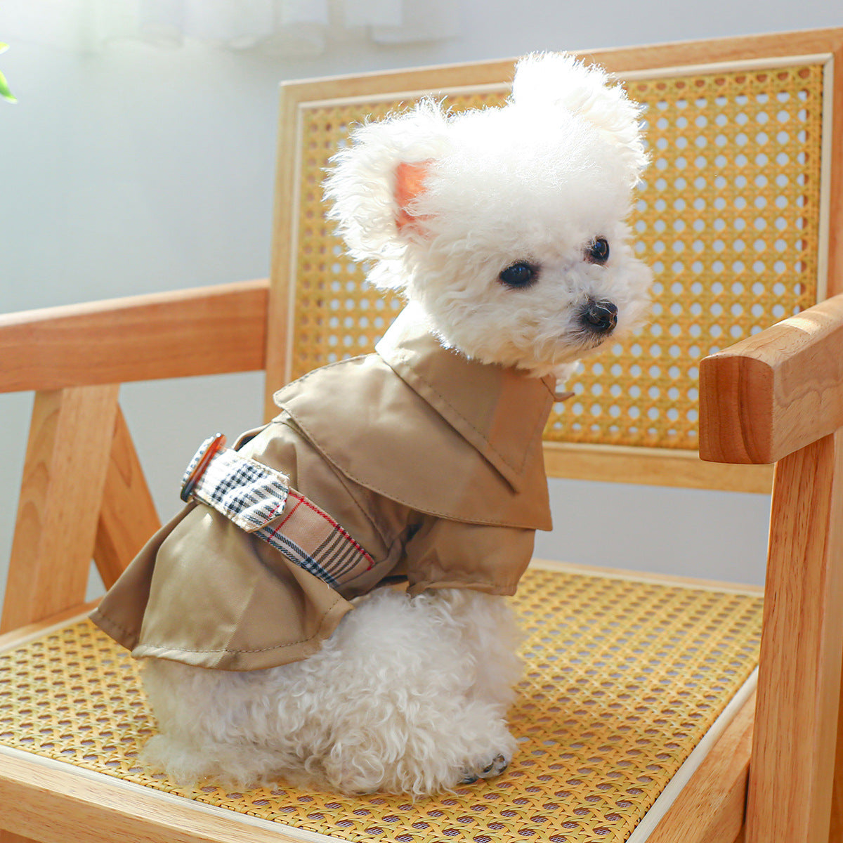 KFX-6556221 Khaki Trench Coat for Pets – Stylish Couple Clothing Set in Polyester