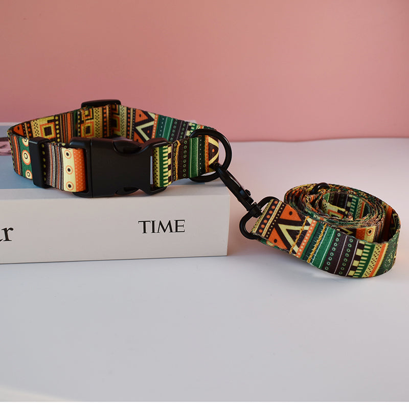 KFX-6556605 Nylon Printed Dog Collar and Leash Set for Puppies – Adjustable Size Options Available