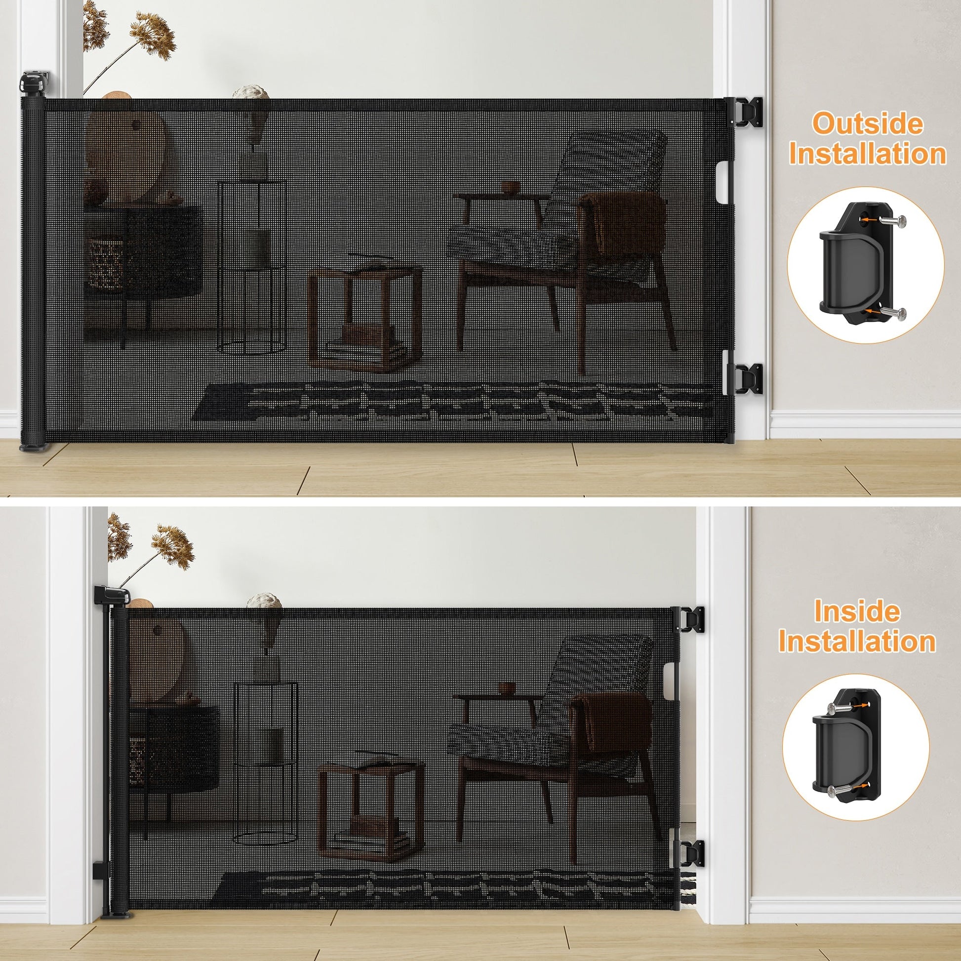 KFX-6560061 Retractable Safety Baby Gate, Mesh Dog Gate for Doorways and Stairs - 55 Inch Wide, 33 Inch Tall, Indoor and Outdoor Use
