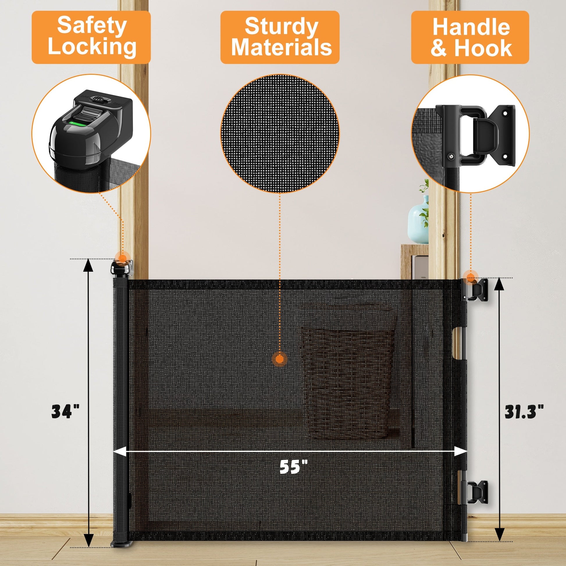 KFX-6560061 Retractable Safety Baby Gate, Mesh Dog Gate for Doorways and Stairs - 55 Inch Wide, 33 Inch Tall, Indoor and Outdoor Use