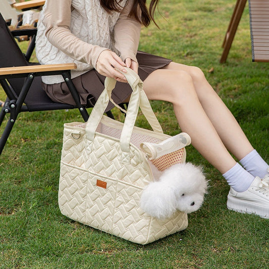 KFX-6560829 Lightweight Beige Canvas Crossbody Pet Carrier Bag for Cats