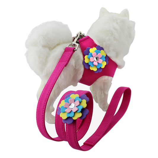 KFX-6563645 Velvet Flower Pet Chest Harness with Traction Rope - Available in Multiple Colors and Sizes