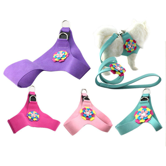 KFX-6563645 Velvet Flower Pet Chest Harness with Traction Rope - Available in Multiple Colors and Sizes