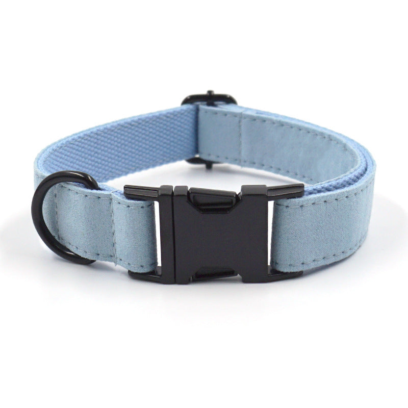KFX-6564157 Light Blue Velvet Pet Collar Set with Black Buckle, Leash, Bow, and Poop Bag