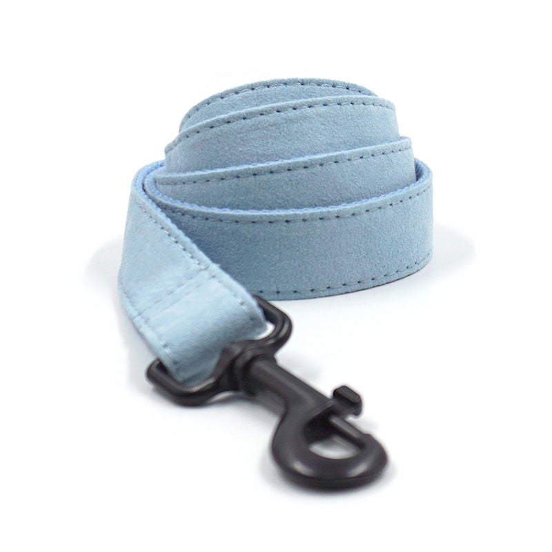 KFX-6564157 Light Blue Velvet Pet Collar Set with Black Buckle, Leash, Bow, and Poop Bag