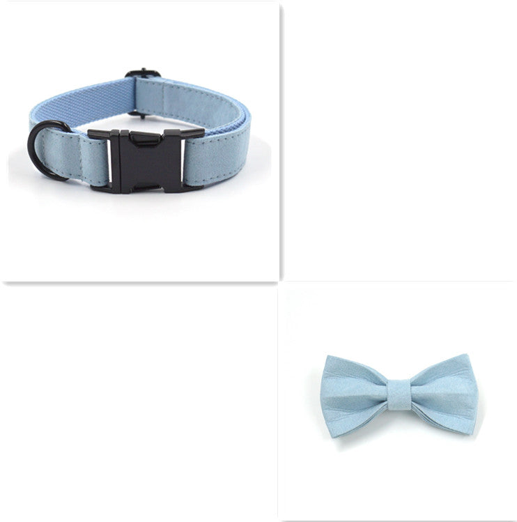 KFX-6564157 Light Blue Velvet Pet Collar Set with Black Buckle, Leash, Bow, and Poop Bag