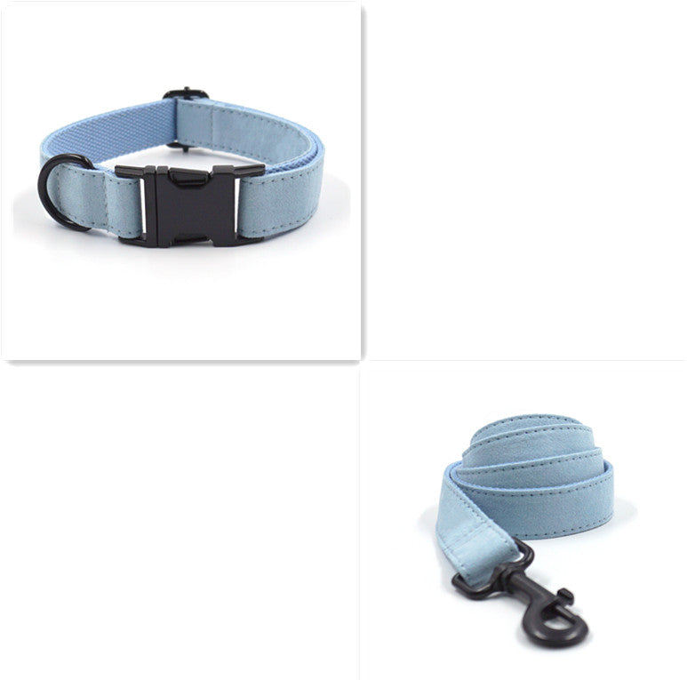 KFX-6564157 Light Blue Velvet Pet Collar Set with Black Buckle, Leash, Bow, and Poop Bag