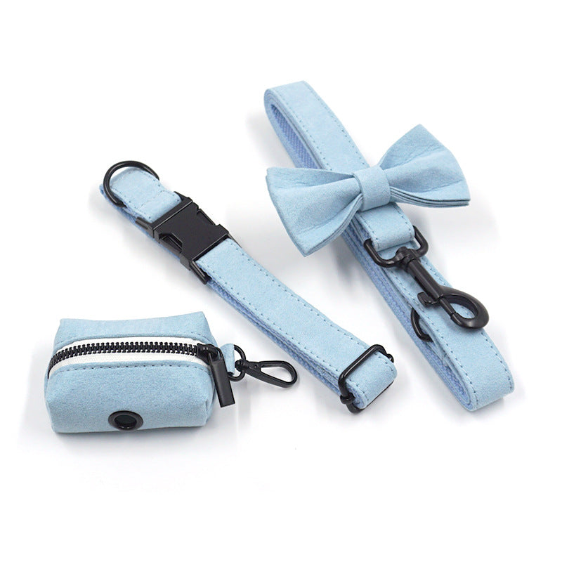 KFX-6564157 Light Blue Velvet Pet Collar Set with Black Buckle, Leash, Bow, and Poop Bag