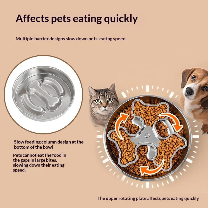 KFX-6566333 Stainless Steel Rotating Slow-Feeding Pet Bowl with Bone Design, 304 Material