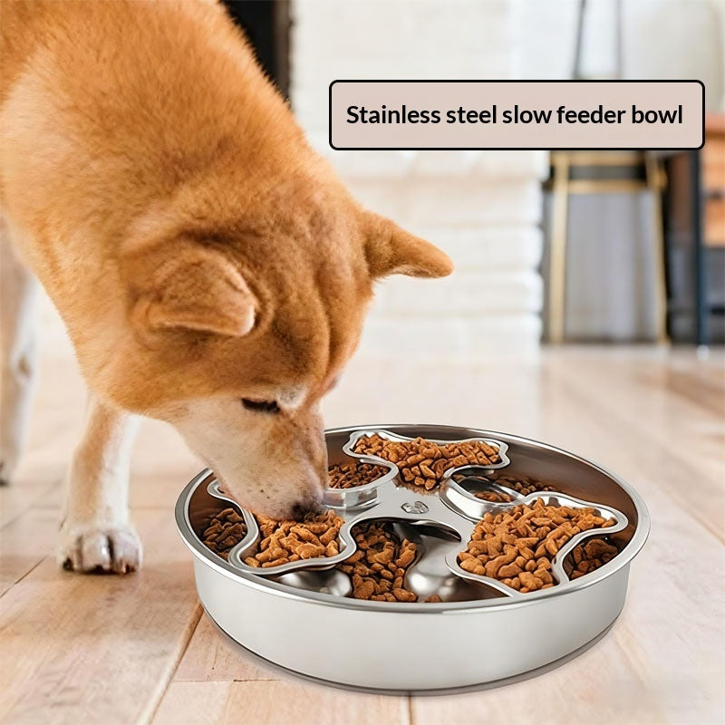 KFX-6566333 Stainless Steel Rotating Slow-Feeding Pet Bowl with Bone Design, 304 Material