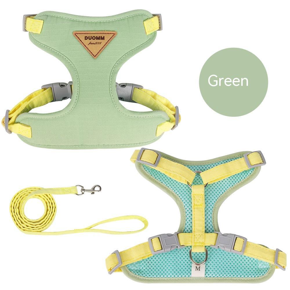 KFX-6569917 Adjustable Mesh Pet Harness and Leash Set for Small Dogs in Green, Blue, Beige, and Yellow