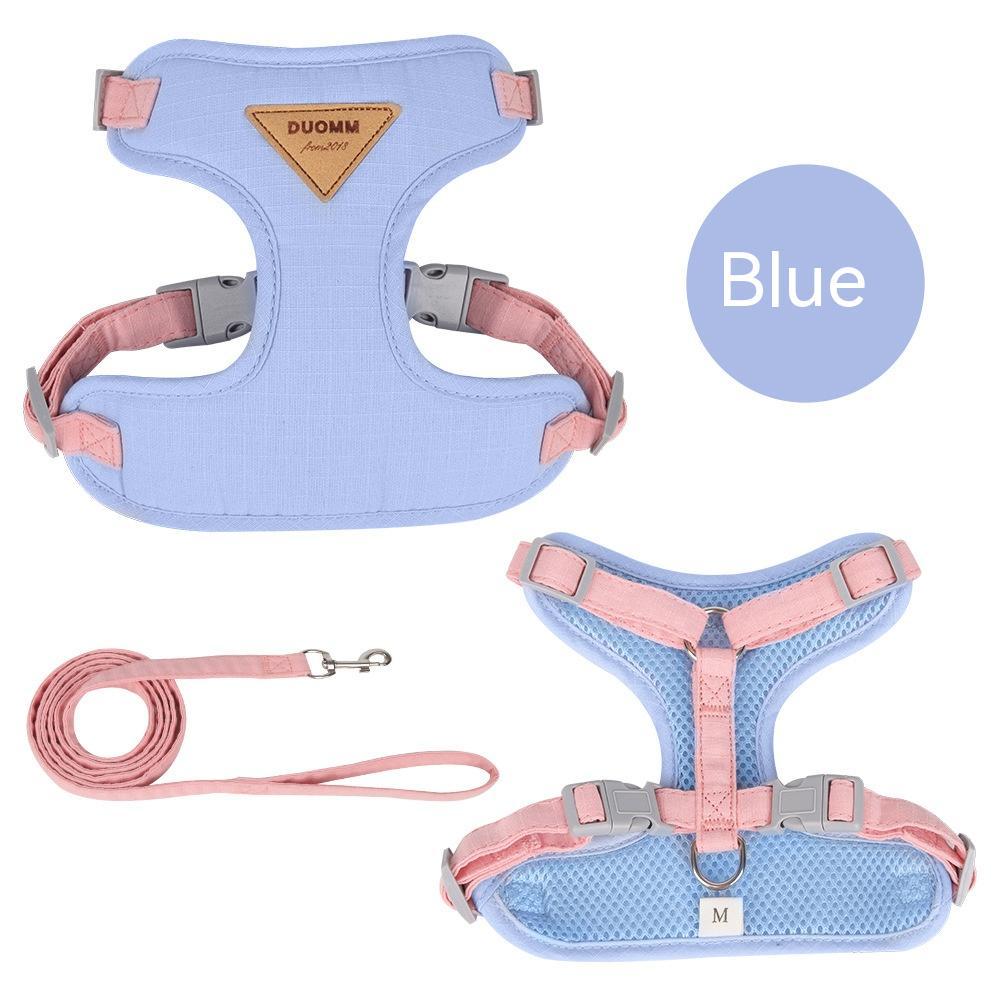 KFX-6569917 Adjustable Mesh Pet Harness and Leash Set for Small Dogs in Green, Blue, Beige, and Yellow