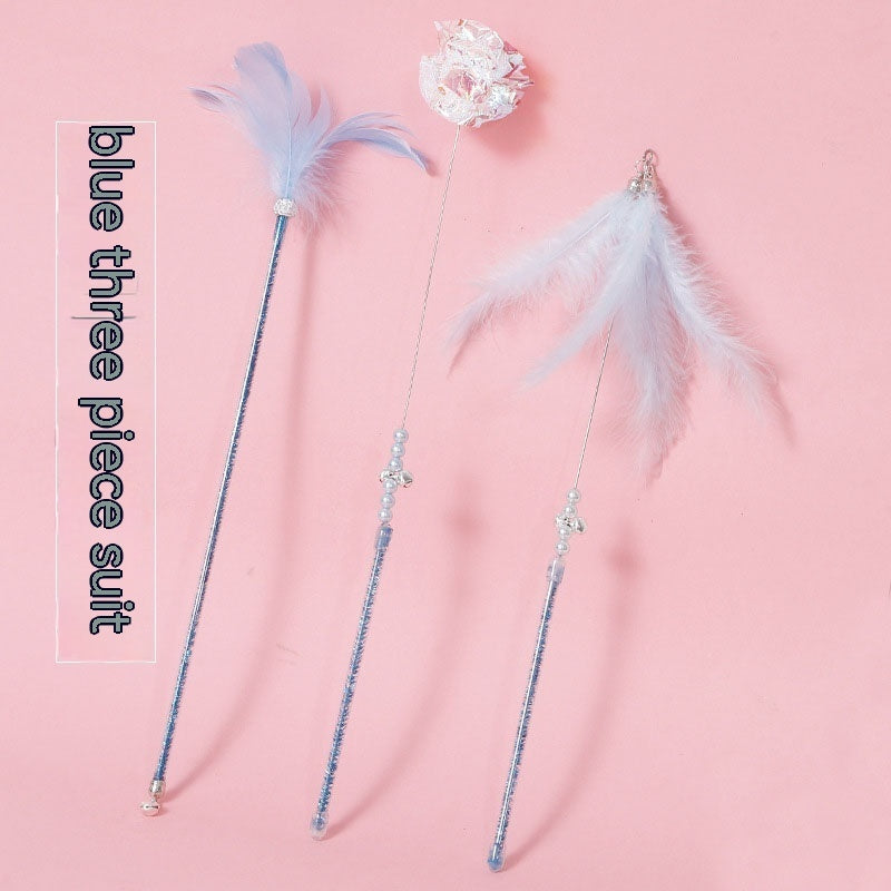 KFX-6570941 Cat Wand Play Set with Feathers and Bells - 3 Color Options Available