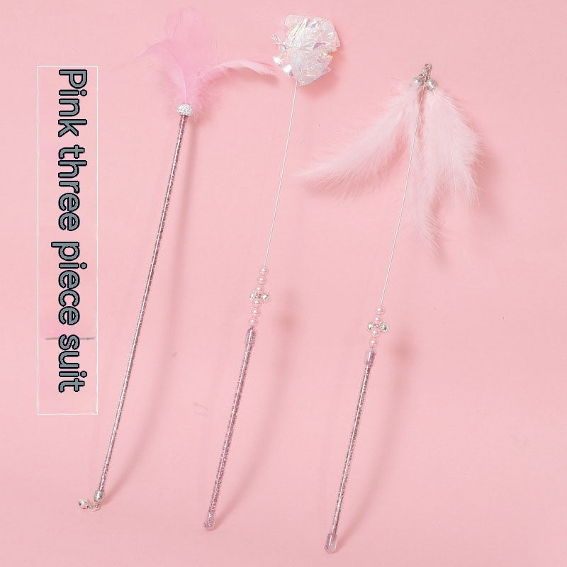 KFX-6570941 Cat Wand Play Set with Feathers and Bells - 3 Color Options Available