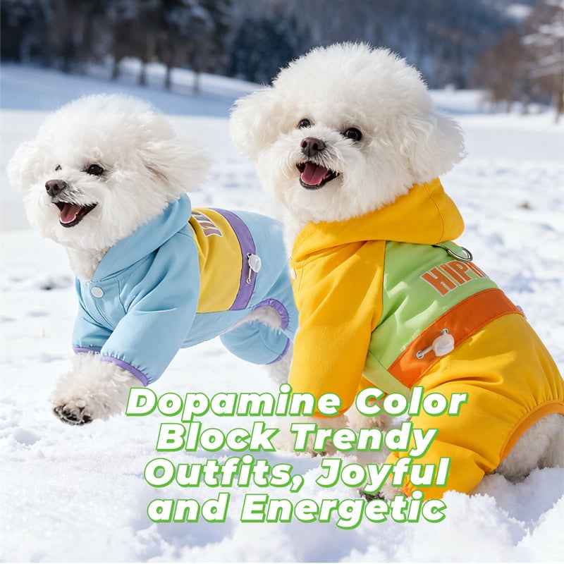 KFX-6574653 Winter Color-Block Fleece Jumpsuit for Small and Medium Dogs with Hood