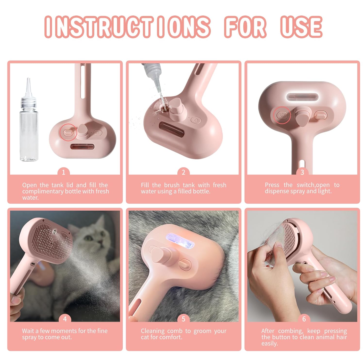 KFX-6577341 Spray Cat Brush with Water Tank for Effective Shedding and Pet Hair Removal