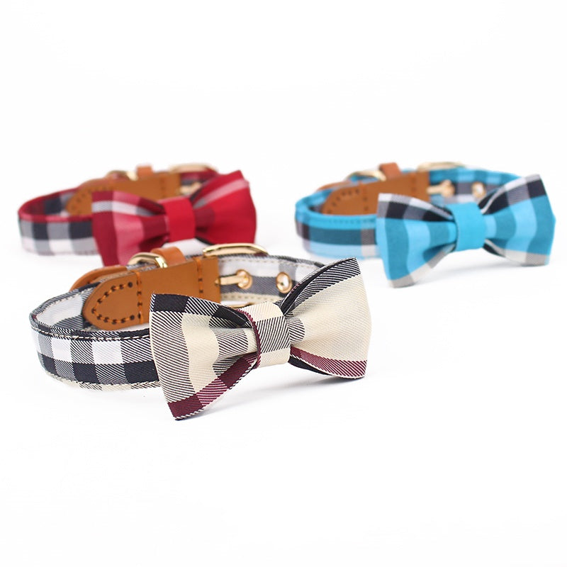 KFX-6577853 Stylish Leather Stitching Mesh Bow Pet Collar in Classic Khaki, Bordeaux Red & Rhine Blue