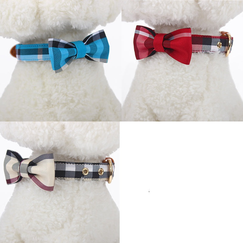 KFX-6577853 Stylish Leather Stitching Mesh Bow Pet Collar in Classic Khaki, Bordeaux Red & Rhine Blue