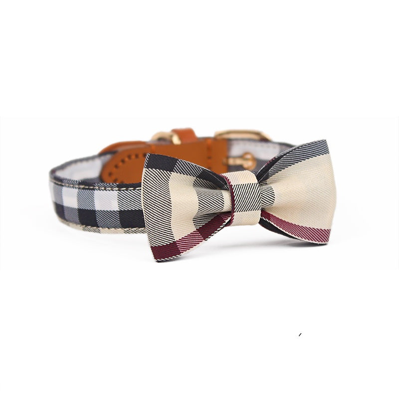 KFX-6577853 Stylish Leather Stitching Mesh Bow Pet Collar in Classic Khaki, Bordeaux Red & Rhine Blue
