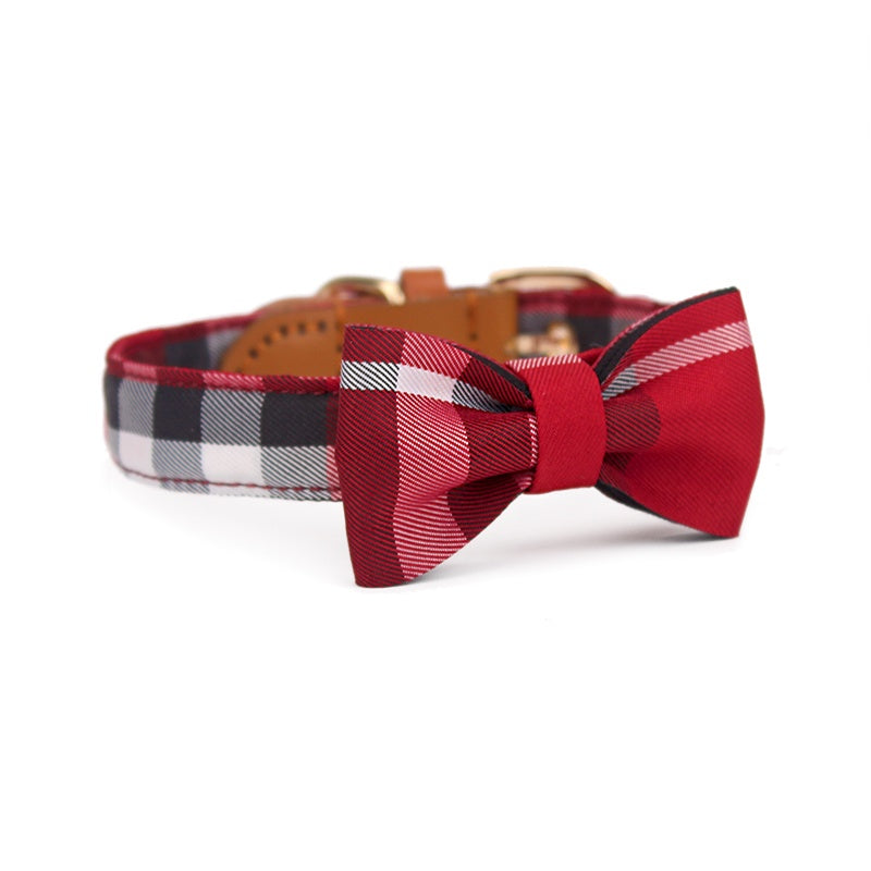 KFX-6577853 Stylish Leather Stitching Mesh Bow Pet Collar in Classic Khaki, Bordeaux Red & Rhine Blue