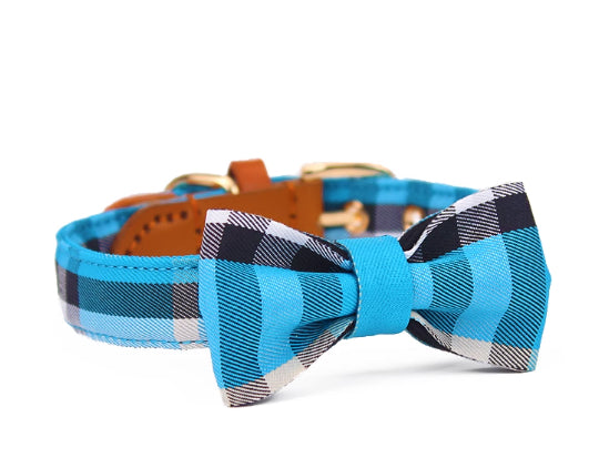 KFX-6577853 Stylish Leather Stitching Mesh Bow Pet Collar in Classic Khaki, Bordeaux Red & Rhine Blue