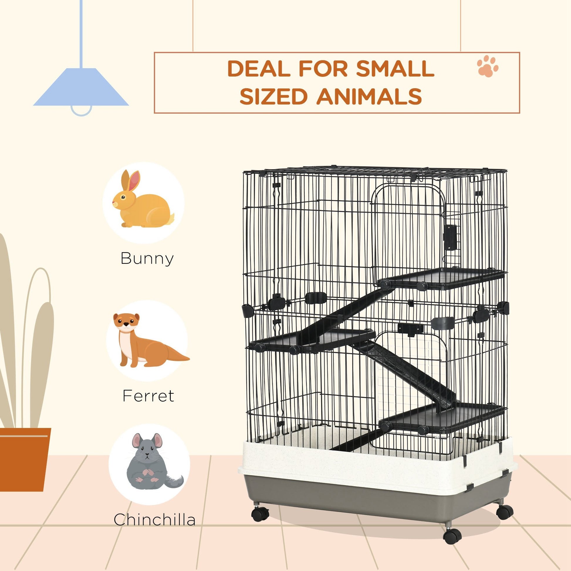 KFX-6579517 4-Level Small Animal Cage with Lockable Wheels for Rabbits, Chinchillas, and Other Small Pets