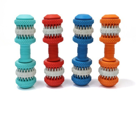 KFX-6582461 Durable Rubber Molar Dumbbell Toy for Dogs in Red, Dark Blue, Orange, and Blue
