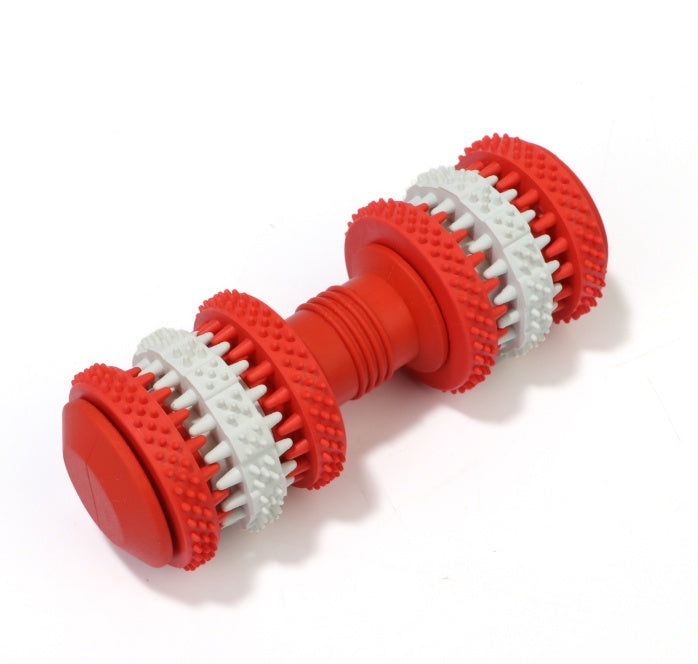 KFX-6582461 Durable Rubber Molar Dumbbell Toy for Dogs in Red, Dark Blue, Orange, and Blue