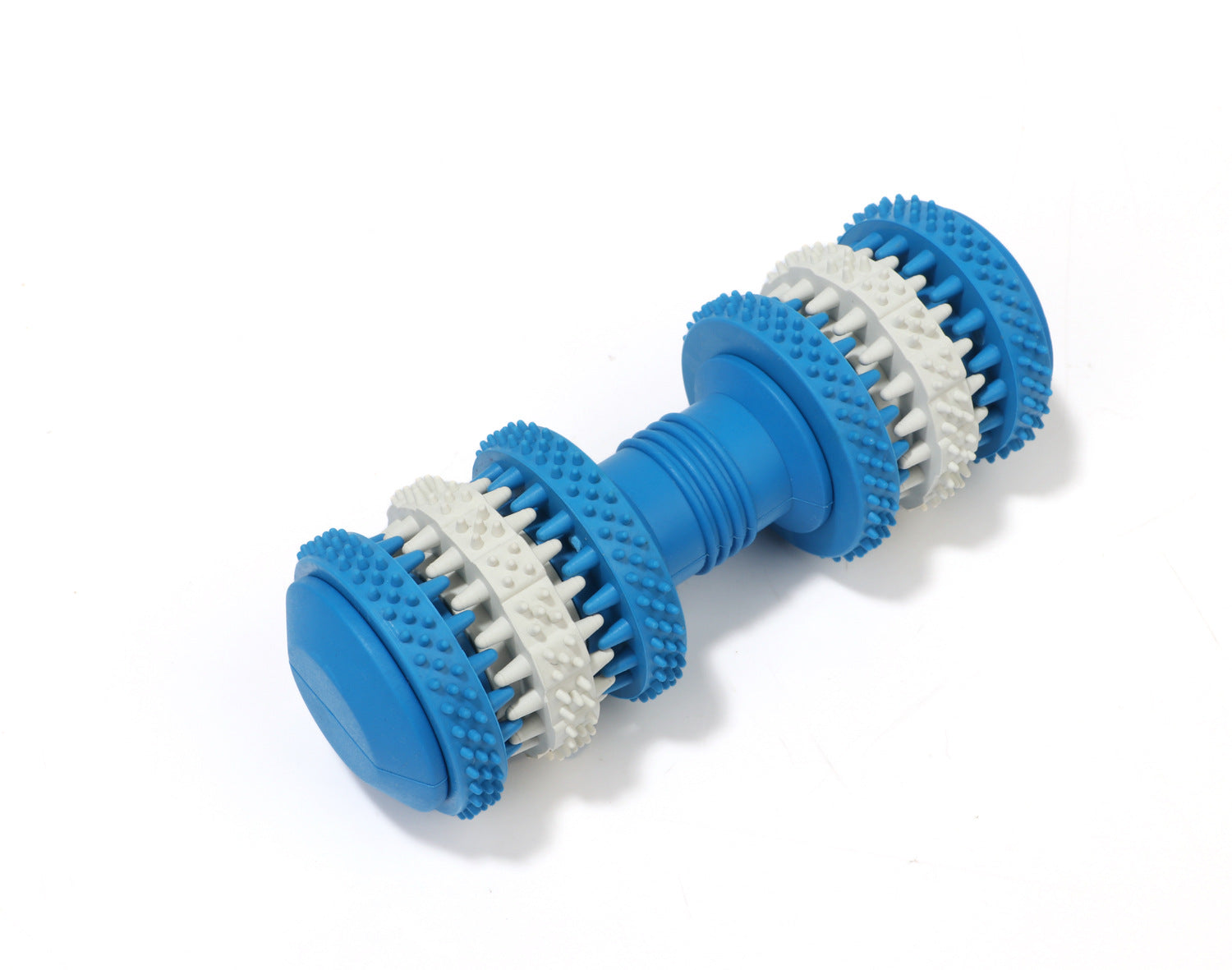 KFX-6582461 Durable Rubber Molar Dumbbell Toy for Dogs in Red, Dark Blue, Orange, and Blue