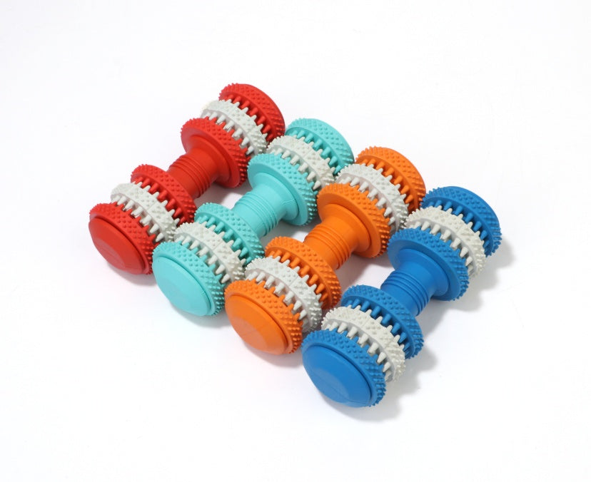 KFX-6582461 Durable Rubber Molar Dumbbell Toy for Dogs in Red, Dark Blue, Orange, and Blue