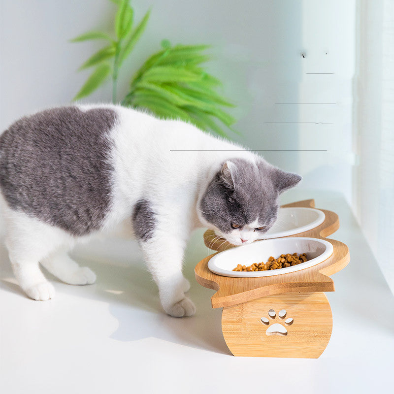 KFX-6593341 Bamboo Cat Bowl with Porcelain and Stainless Steel Inserts, Eco-Friendly Design