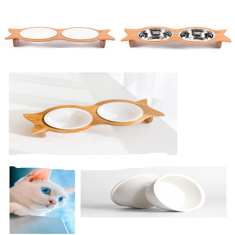 KFX-6593341 Bamboo Cat Bowl with Porcelain and Stainless Steel Inserts, Eco-Friendly Design