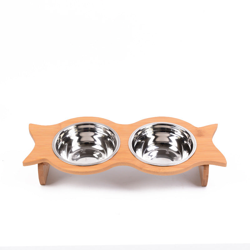 KFX-6593341 Bamboo Cat Bowl with Porcelain and Stainless Steel Inserts, Eco-Friendly Design