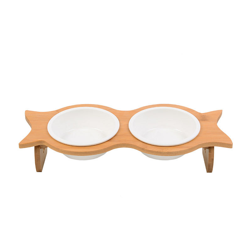 KFX-6593341 Bamboo Cat Bowl with Porcelain and Stainless Steel Inserts, Eco-Friendly Design